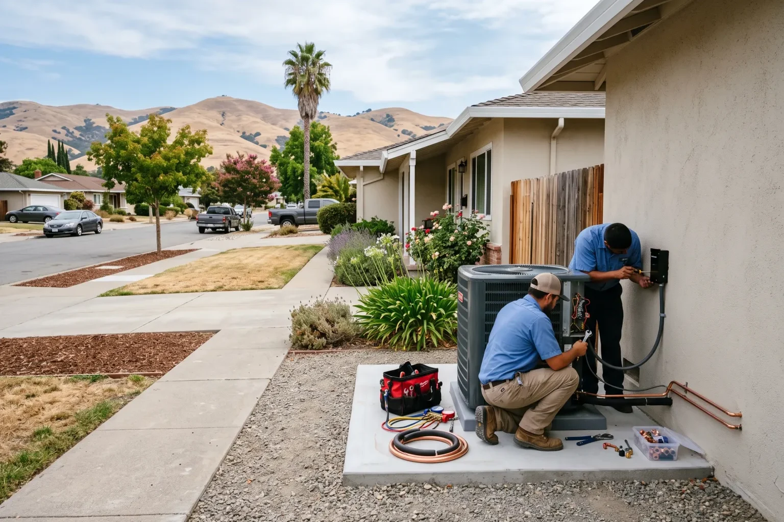 Technicians installing a new outdoor air conditioning unit beside a home